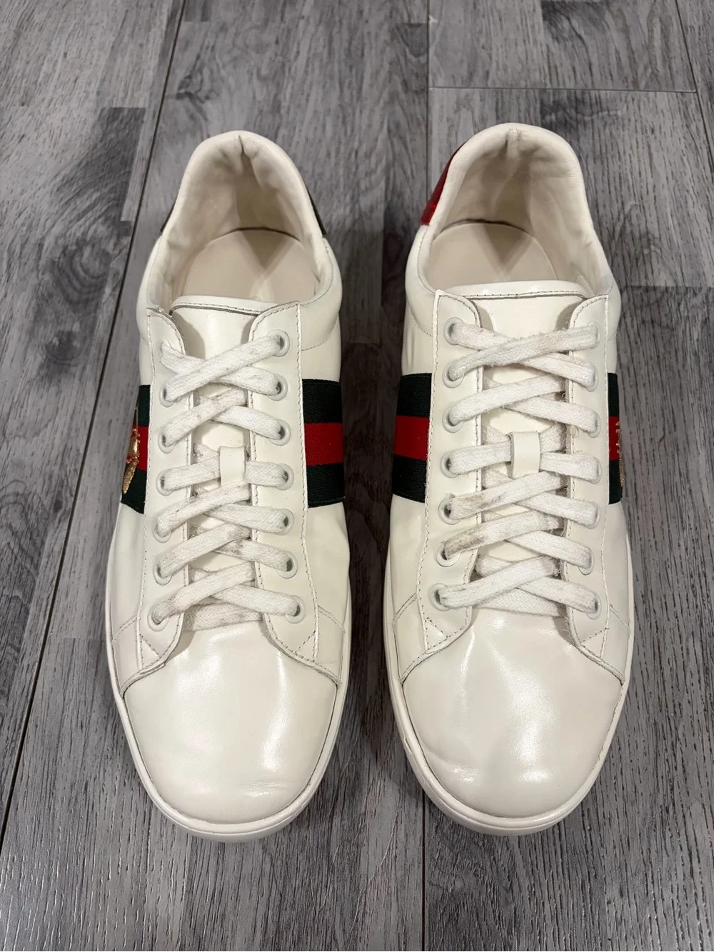Gucci Ace White Leather Sneakers with Green & Red Stripe and Gold Bee